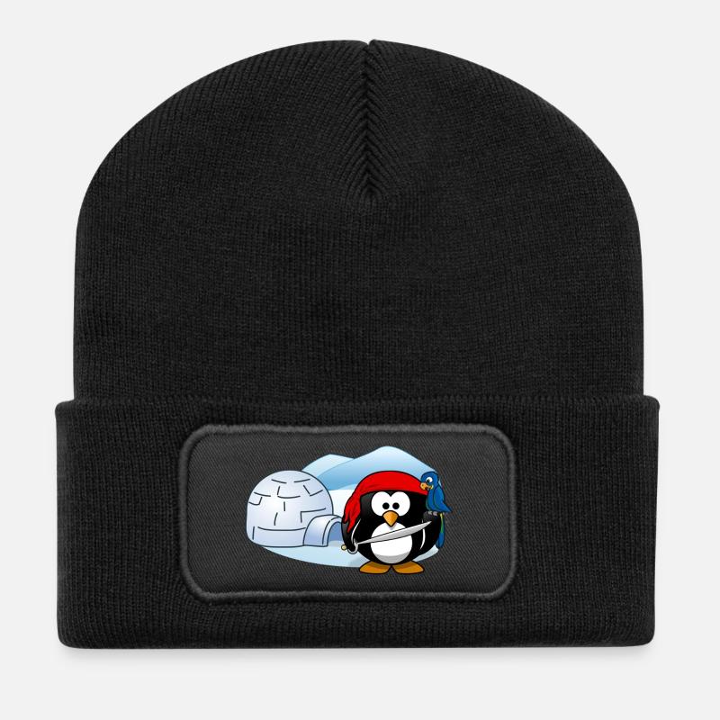 Piratenpinguin mit Schwert, Papagei und Iglu. - Recycelte Patch Beanie - Schwarz