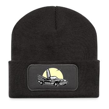 Muscle Car im Sonnenuntergang 01_dreifarbig - Recycelte Patch Beanie - Dunkelgrau - Vorne