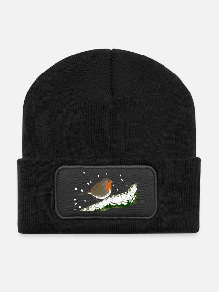 Rouge-gorge motif hivernal neige oiseau branche - Beanie recyclé à patch - noir