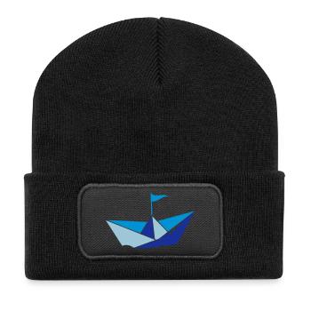 small paper boat in the water with flag - Recycled Patch Beanie - black - Front