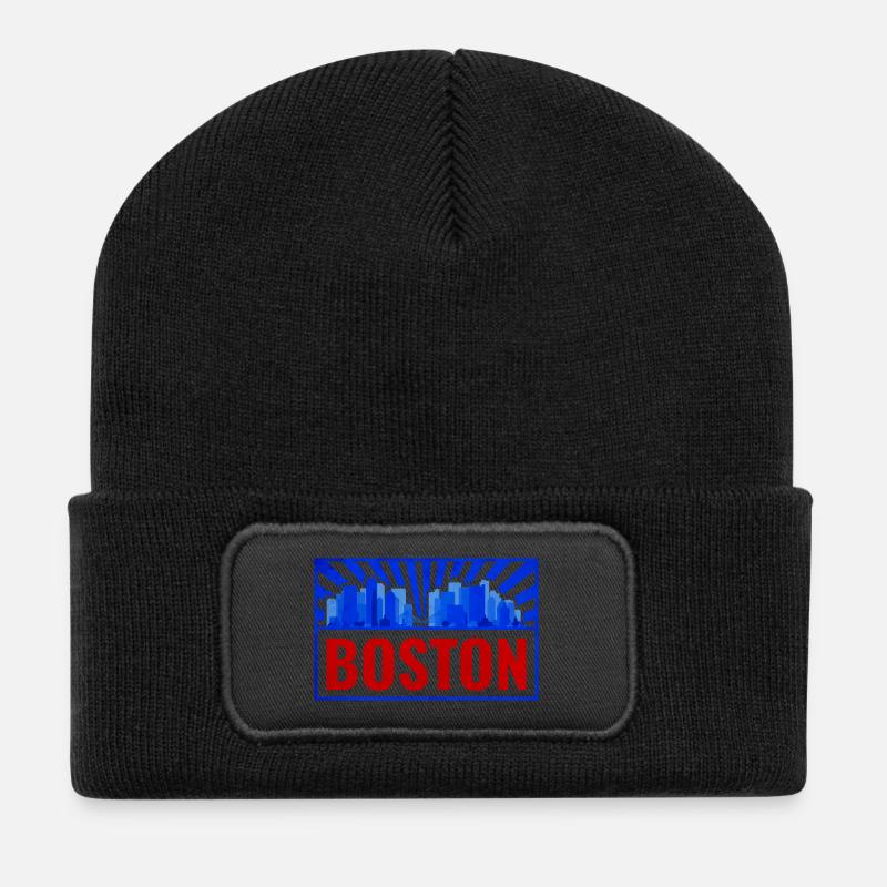 Boston Skyline Retro Rot Blau - Recycelte Patch Beanie - Schwarz