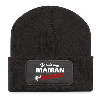 Citation Maman qui Assure - Expression Empowerment - Beanie recyclé à patch - charbon - Devant
