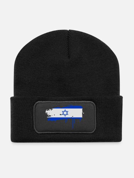 Pinselstrich in Blau-Weiß mit Davidstern - Recycelte Patch Beanie - Schwarz