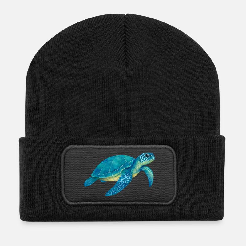 Blaue Meeresschildkröte Aquarell - Recycelte Patch Beanie - Schwarz