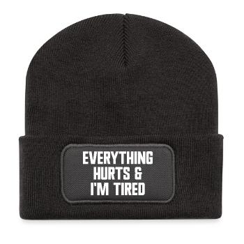 Alles tut weh und ich bin müde. Lustiges Workout-F - Recycelte Patch Beanie - Dunkelgrau - Vorne