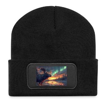 Elch unter Polarlichtern - Recycelte Patch Beanie - Schwarz - Vorne