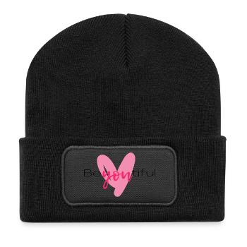 Du im rosa Herz-Stil - Recycelte Patch Beanie - Schwarz - Vorne