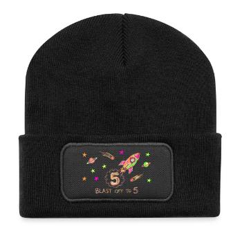 Blast Off To 5 Rakete Zeichnung - Recycelte Patch Beanie - Schwarz - Vorne