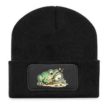 Frog with magnifying glass in search of clues - Recycled Patch Beanie - black - Front