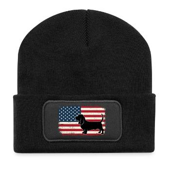 Basset Hound US Flag - Patriotic Dog Mom Dad - Recycled Patch Beanie - black - Front