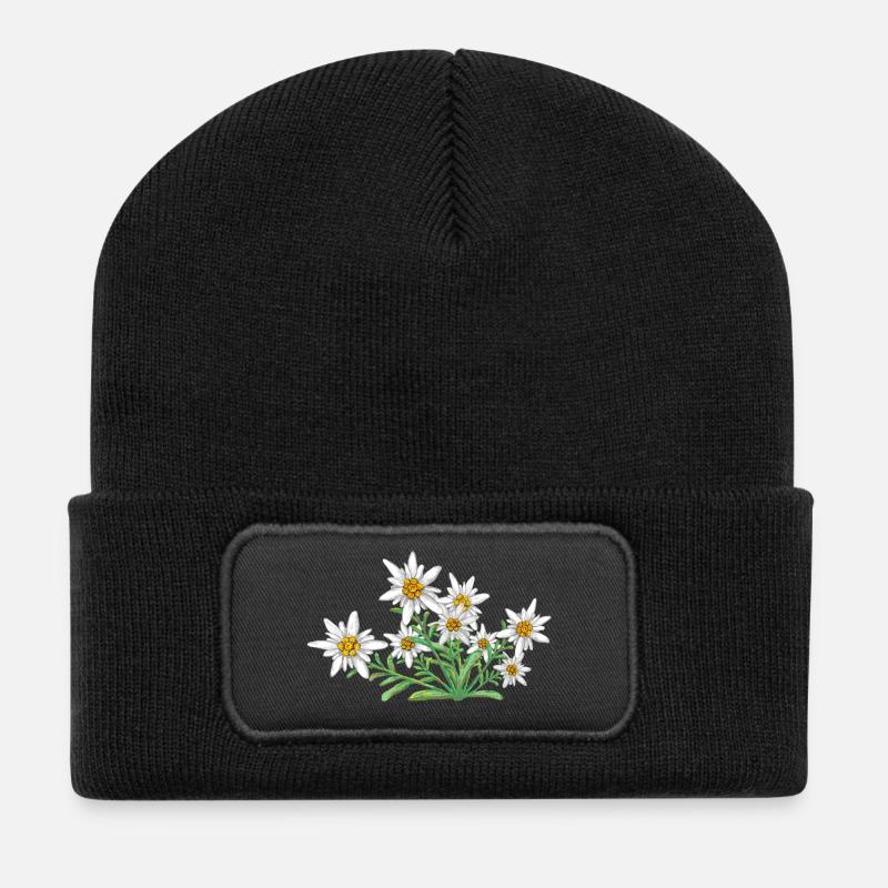 Das Edelweiss, Blume der Alpen, Blume der Schweiz - Recycelte Patch Beanie - Schwarz