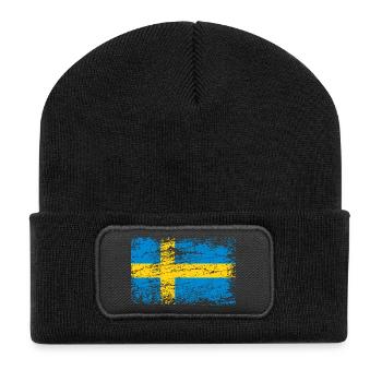 Schwedische Flagge im Vintage-Style - Recycelte Patch Beanie - Schwarz - Vorne