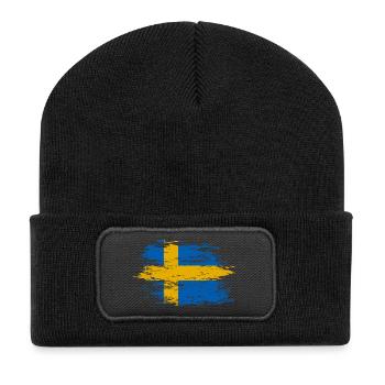 Schweden Flagge used - Recycelte Patch Beanie - Schwarz - Vorne