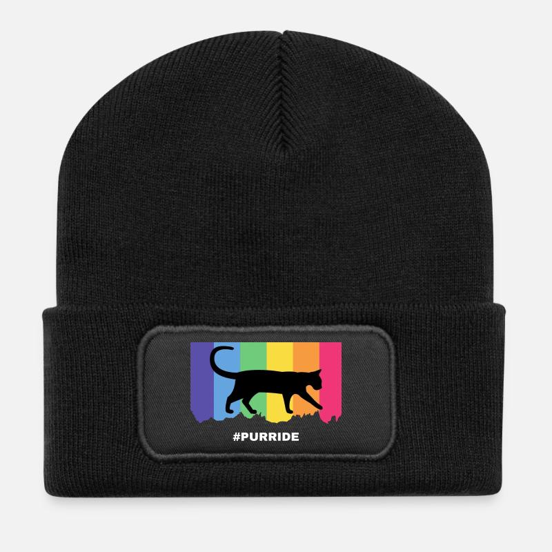Purride cat silhouette over rainbow stripes - Recycled Patch Beanie - black