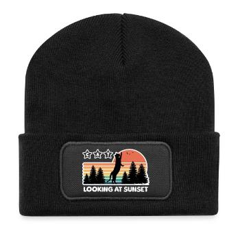 black cat looking at the sunset - Recycled Patch Beanie - black - Front
