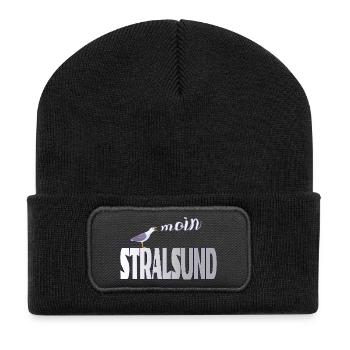 Stralsund Möwe & Moin Ostsee - Recycelte Patch Beanie - Schwarz - Vorne