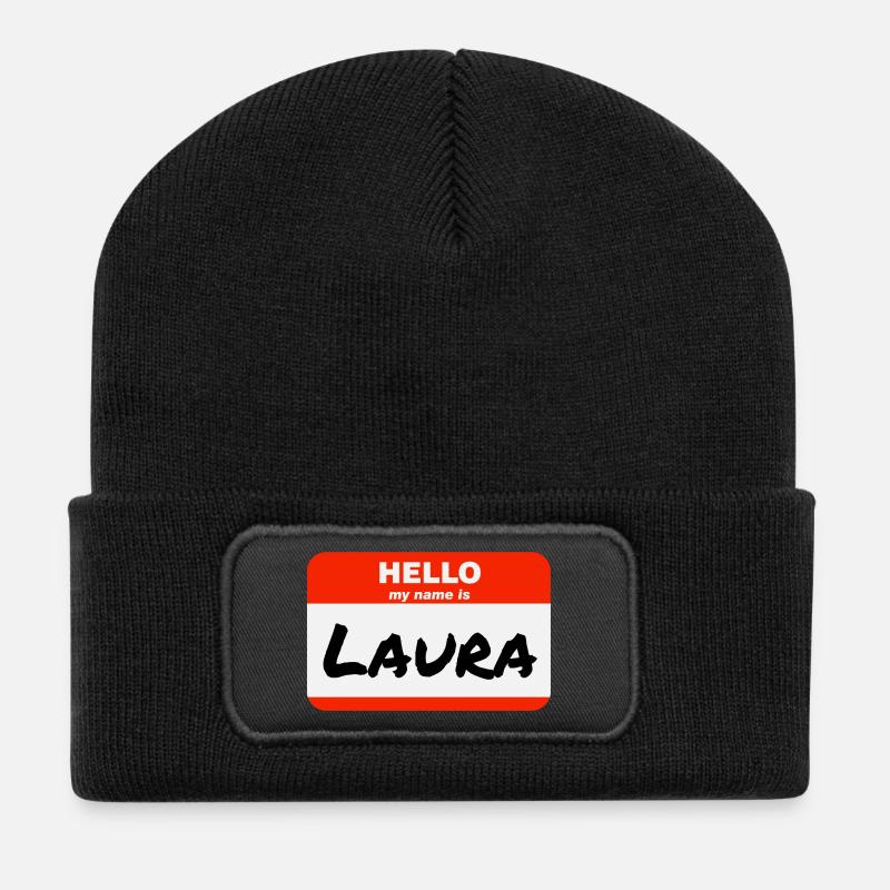Hello My Name Is Laura Label Name Tag - Recycled Patch Beanie - black