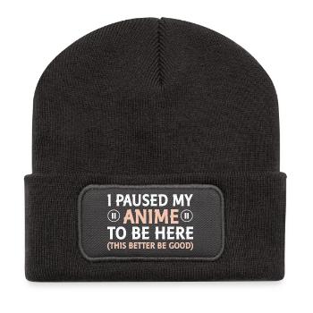 J’ai mis mon anime en pause – ici - Beanie recyclé à patch - charbon - Devant