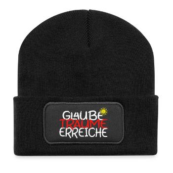 Glaube, Träume, Erreiche – Motivationsspruch - Recycelte Patch Beanie - Schwarz - Vorne
