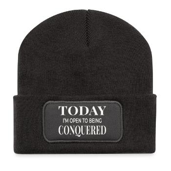 Heute bin ich offen dafür, erobert zu werden - Recycelte Patch Beanie - Dunkelgrau - Vorne
