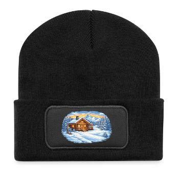 Winterliche Skihütte in den Bergen – Alpenidylle - Recycelte Patch Beanie - Schwarz - Vorne