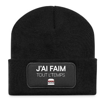 ICH HABE HUNGER. DIE GANZE ZEIT. | Humor - Recycelte Patch Beanie - Schwarz - Vorne