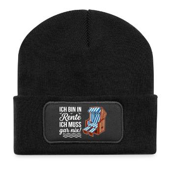 Ich bin in Rente ich muss gar nix mit Strandkorb  - Recycelte Patch Beanie - Schwarz - Vorne