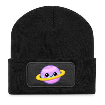 Pastellfarbener Kawaii-Planet mit Ringlächeln - Recycelte Patch Beanie - Schwarz - Vorne