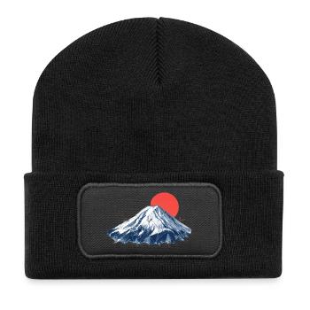 Geometric Mountain with Red Sun Origami Fuji - Recycled Patch Beanie - black - Front