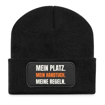 Sauna Humor: Mein Platz, mein Handtuch - Recycelte Patch Beanie - Schwarz - Vorne
