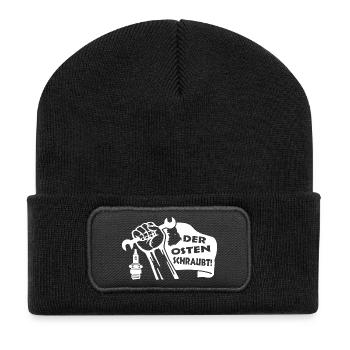Der Osten schraubt! Zündkerze - Recycelte Patch Beanie - Schwarz - Vorne