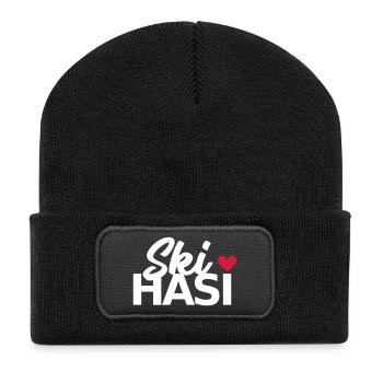 Ski Hasi mit Herz - Recycelte Patch Beanie - Schwarz - Vorne