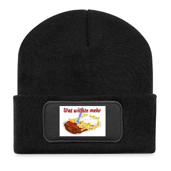 Currywurst mit Pommes - Recycelte Patch Beanie - Schwarz - Vorne