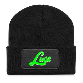Luca Leuchtender Neon-Lettering Schriftzug - Recycelte Patch Beanie - Schwarz - Vorne