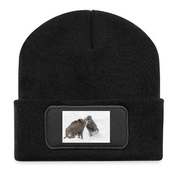 kämpfende Wildschweine im Schnee - Recycelte Patch Beanie - Schwarz - Vorne
