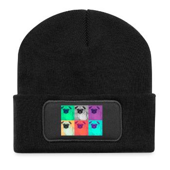 Pop Art Pug Design auf Kleidung - Recycelte Patch Beanie - Schwarz - Vorne