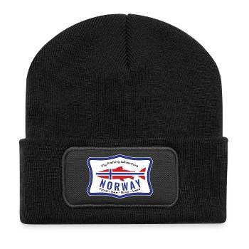 Norway Fly Fishing Adventure Lachs Angeln, Fliege - Recycelte Patch Beanie - Schwarz - Vorne