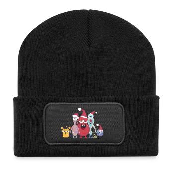 fröhliche bunte Monster Familie feiert Weihnachten - Recycelte Patch Beanie - Schwarz - Vorne