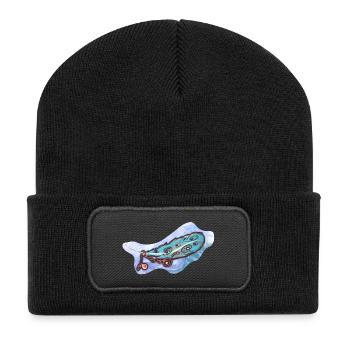 Mystische Blaue Feder mit Ornamenten - Recycelte Patch Beanie - Schwarz - Vorne
