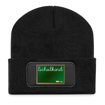 Namensschild Einschulung Schulkind - Recycelte Patch Beanie - Schwarz - Vorne