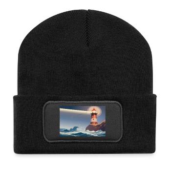 Leuchtturm bei Nacht - Recycelte Patch Beanie - Schwarz - Vorne