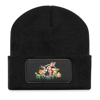 Two Easter bunnies in a sea of flowers - Recycled Patch Beanie - black - Front