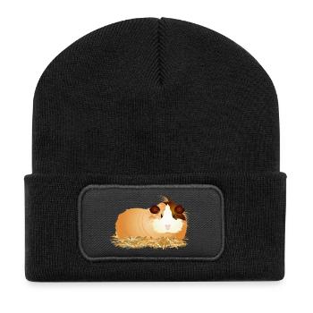 süßes Meerschweinchen liegt gemütlich im Stroh - Recycelte Patch Beanie - Schwarz - Vorne