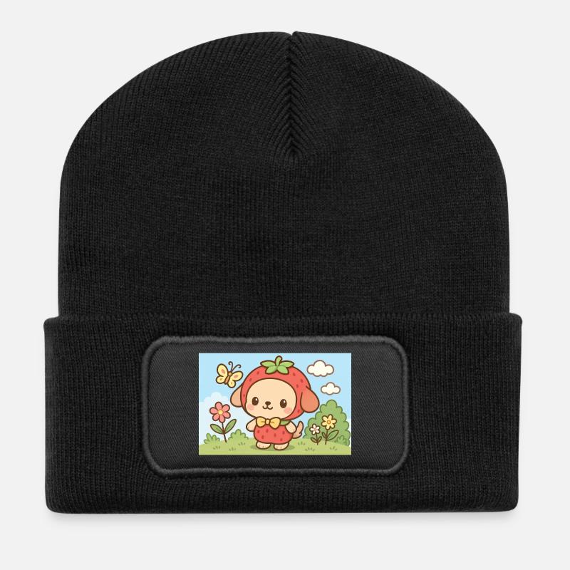 Erdbeer-Hunde-Charakter-Design - Recycelte Patch Beanie - Schwarz