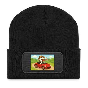 Storch fährt ein rotes Auto auf der Straße - Recycelte Patch Beanie - Schwarz - Vorne
