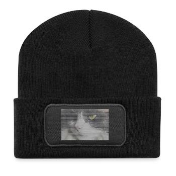 Katzenporträt im Glitch-Look - Recycelte Patch Beanie - Schwarz - Vorne