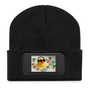 Canard en caoutchouc dans la salle de bain avec des écouteurs - Beanie recyclé à patch - noir - Devant