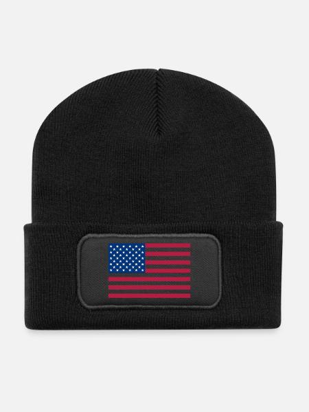 Dark Red American Flag - Recycled Patch Beanie - black