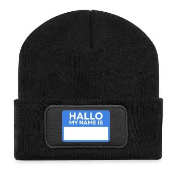 Hallo Name Blau Namensschild - Recycelte Patch Beanie - Schwarz - Vorne