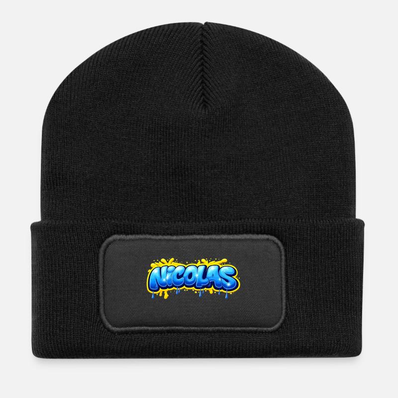 NICOLAS GRAFFITI NAME FOR PERFECT GIFT PRINTABLE - Recycled Patch Beanie - black